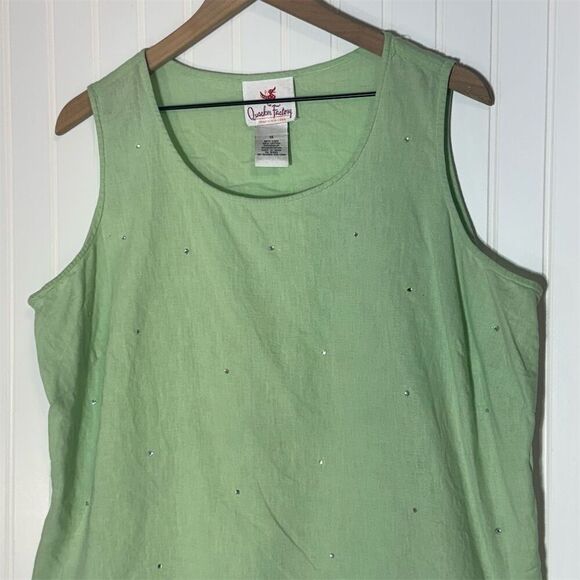 Quacker Factory Green Linen Tank Top 1X Rhinestone Studded Sleeveless Summer - Picture 8 of 8